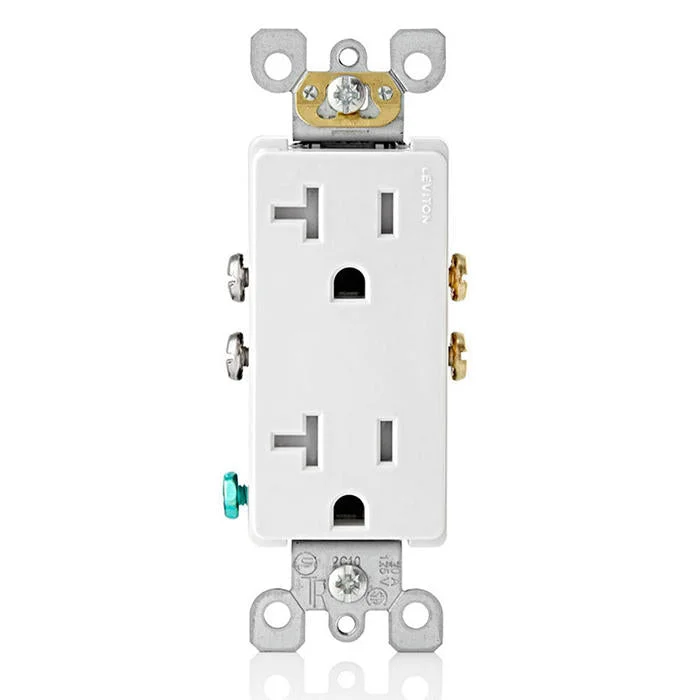 20 Amp Decora Tamper-Resistant Duplex Outlet/Receptacle, Grounding, T5825-W manufacturer product photo, Standard, tamper-resistant, and dedicated outlets guide for the Charleston Lowcountry