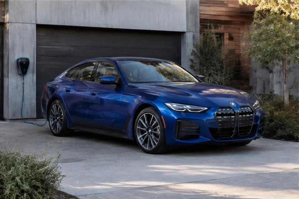 Original AI-generated illustration: Blue BMW i4-inspired electric coupe parked beside a compact garage EV charger
