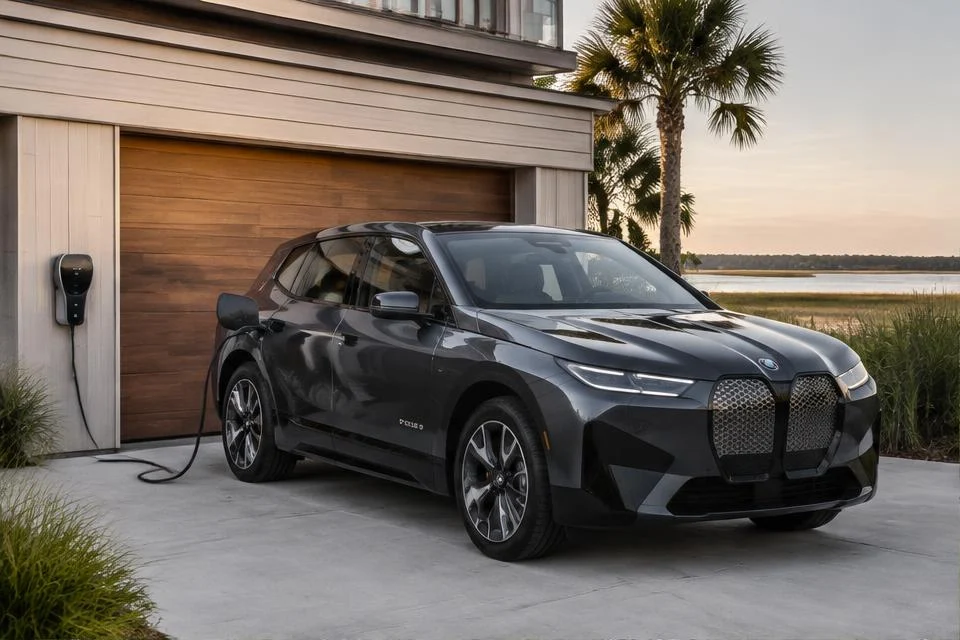 Original AI-generated illustration: Dark BMW iX-inspired electric SUV parked beside a garage wall-mounted EV charger