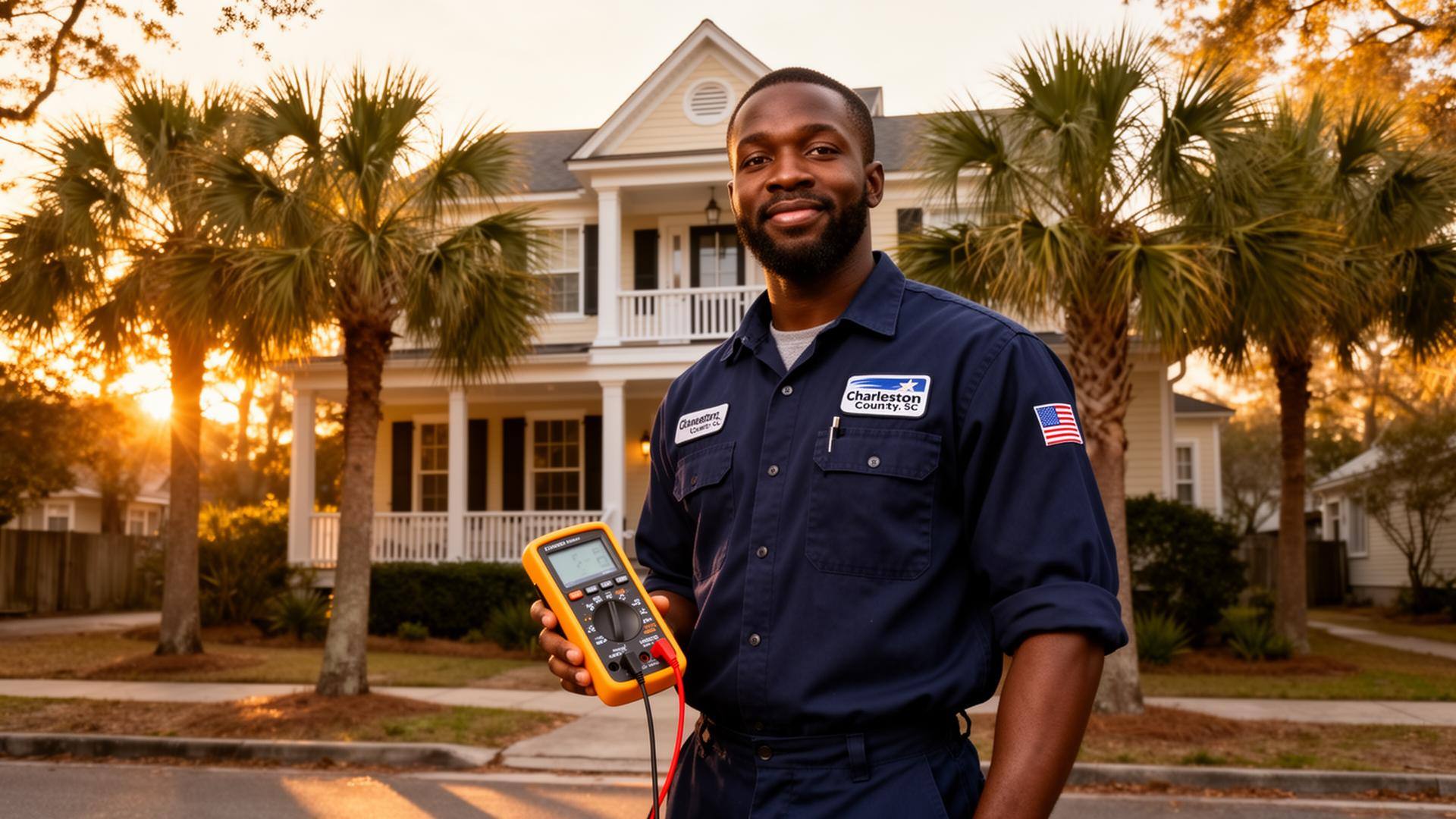 Licensed electrician in Berkeley County SC standing in front of a Lowcountry home with a multimeter