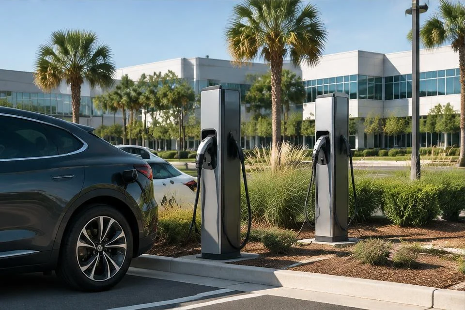 Original AI-generated illustration: Two EV charging pedestals beside electric vehicles in a landscaped office parking lot