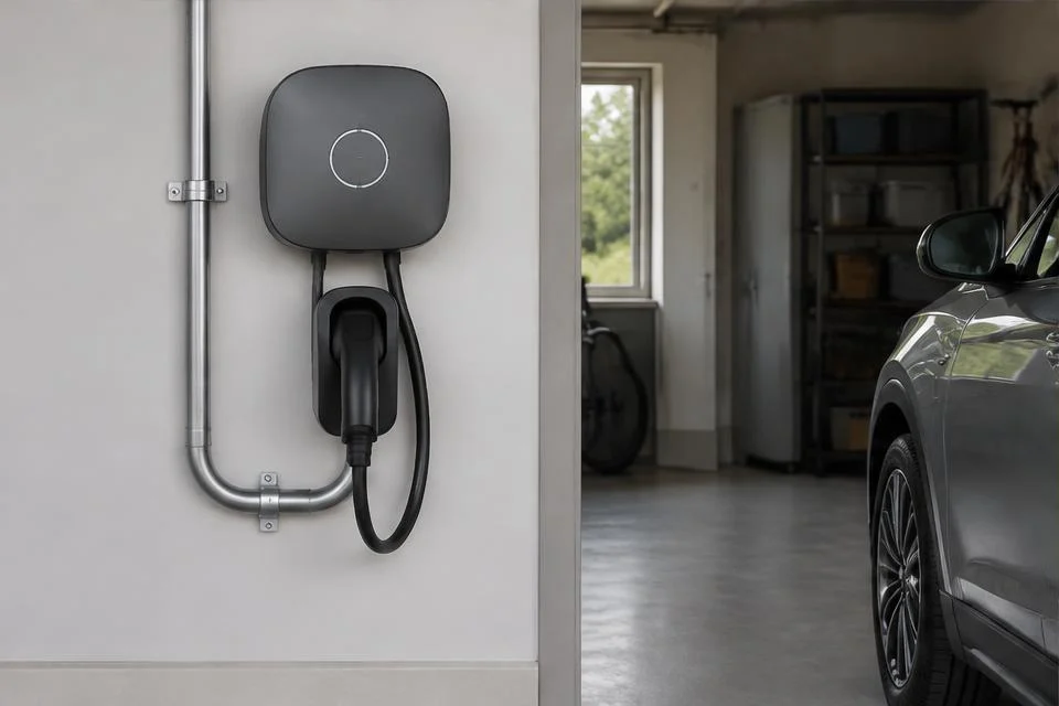 Original AI-generated illustration: Compact dark square EV charger mounted beside a garage parking space