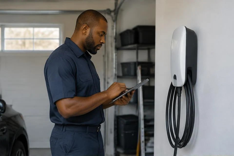 Original AI-generated illustration: Professional electrician checking a wall-mounted home EV charging station with a tablet