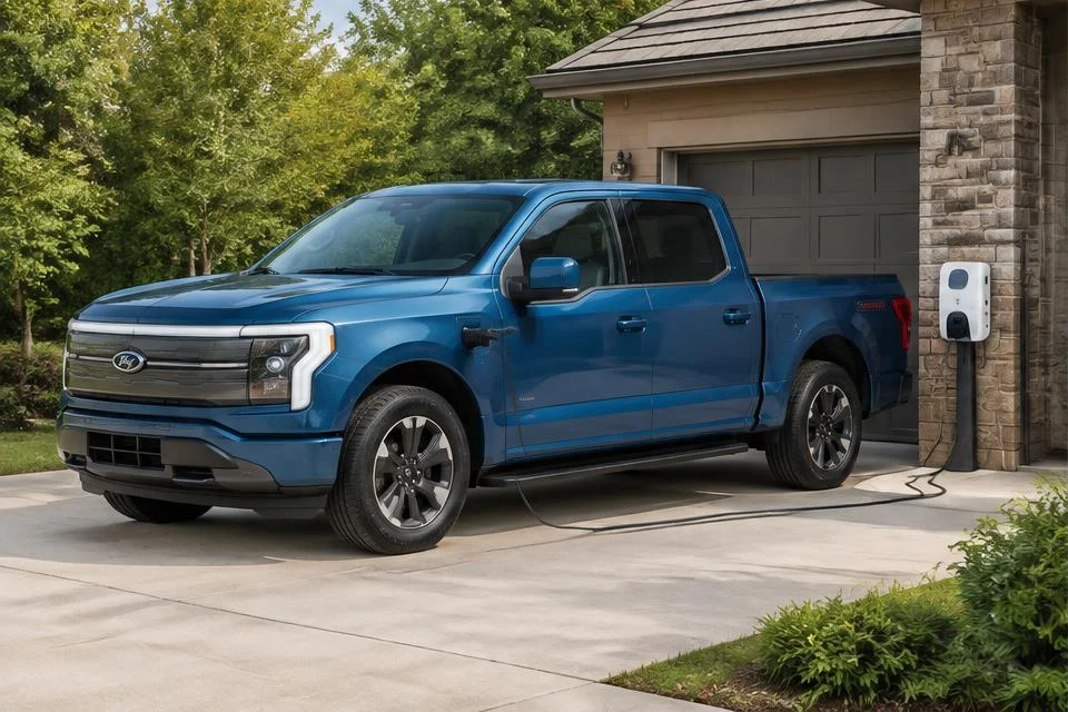Original AI-generated illustration: Blue Ford F-150 Lightning-inspired electric pickup beside a residential garage charger