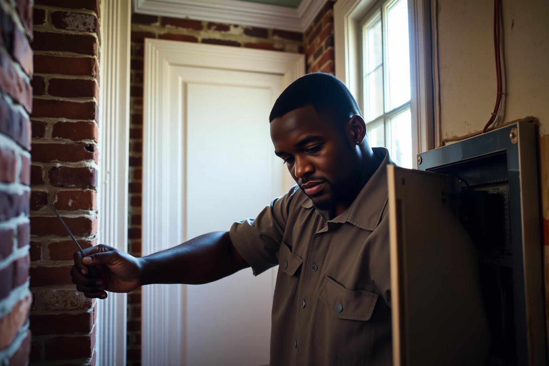 Licensed Charleston electrician replacing knob and tube wiring in a historic Charleston single house with plaster walls and original millwork