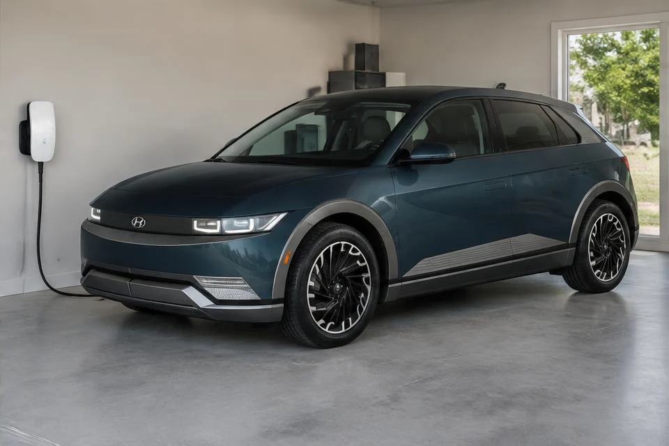 Original AI-generated illustration: Teal Hyundai Ioniq 5-inspired electric crossover beside a white garage wall charger