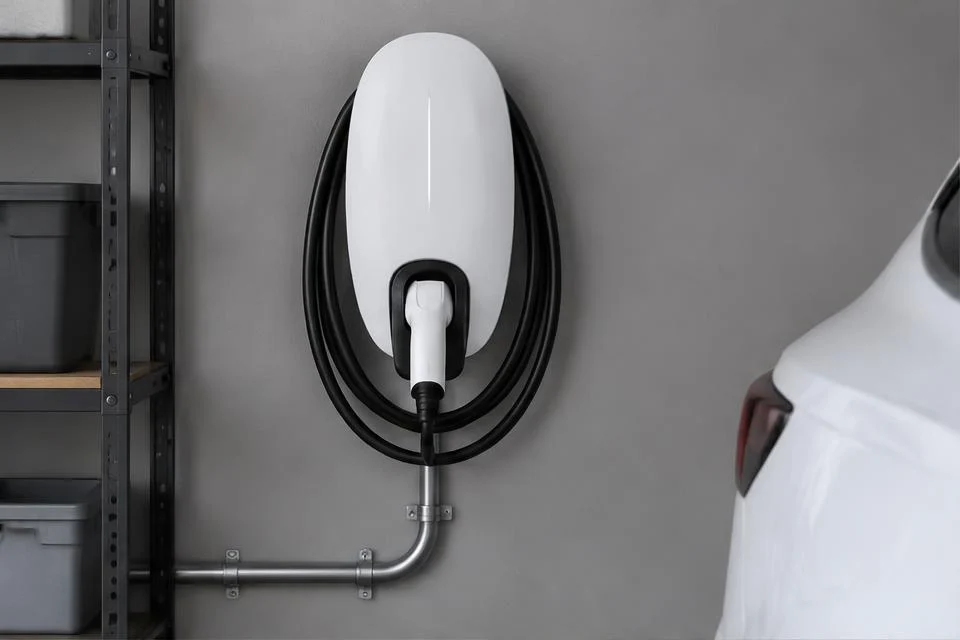 Original AI-generated illustration: White oval Level 2 home EV wall charger with coiled cable and metal conduit