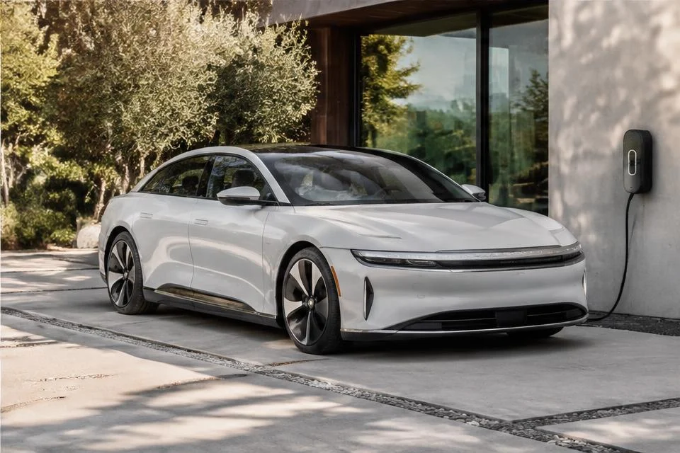 Original AI-generated illustration: White Lucid Air-inspired luxury electric sedan beside a driveway charging station