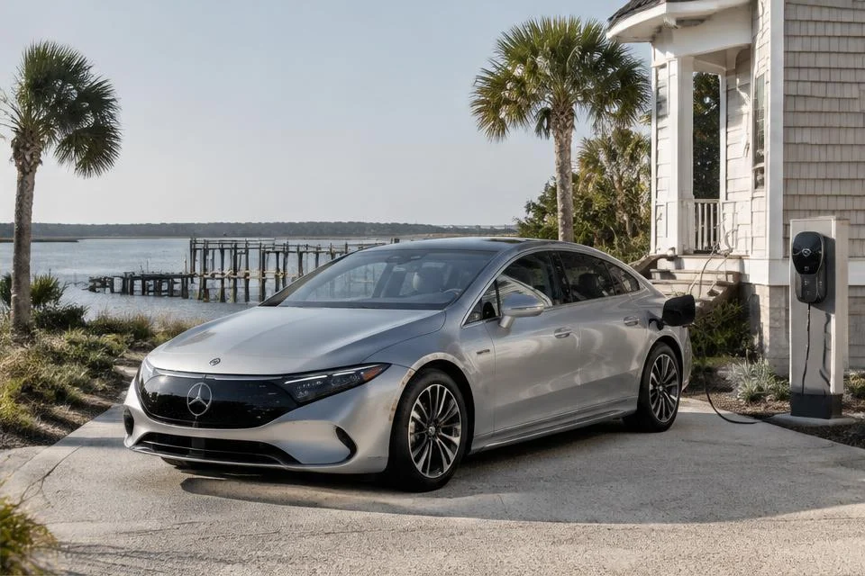 Original AI-generated illustration: Silver Mercedes-Benz EQS-inspired electric sedan beside a coastal driveway charger