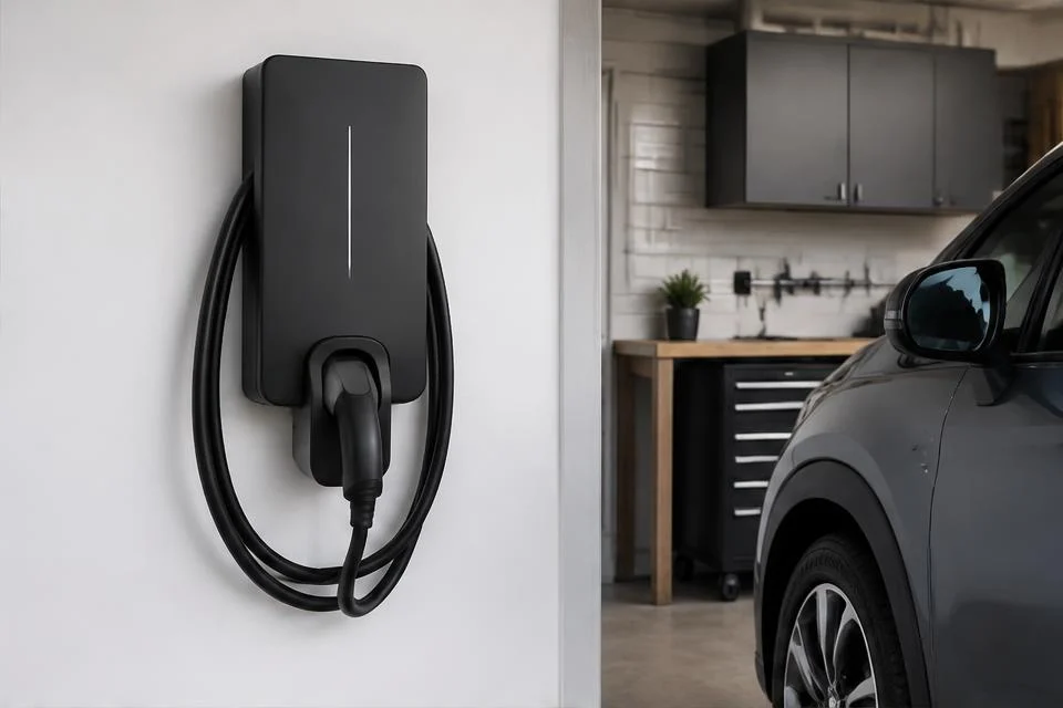 Original AI-generated illustration: Black rectangular home EV wall charging station with cable and connector cradle