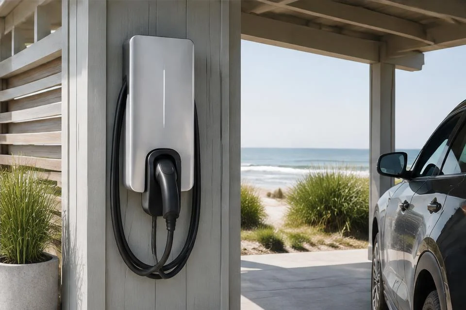 Original AI-generated illustration: Silver wall-mounted EV charger with stored cable beneath a coastal carport