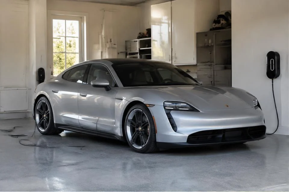 Original AI-generated illustration: Silver Porsche Taycan-inspired electric sports sedan beside a garage wall charger