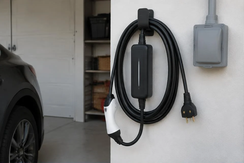 Original AI-generated illustration: Portable EV charging cable with inline control box beside a closed garage outlet cover