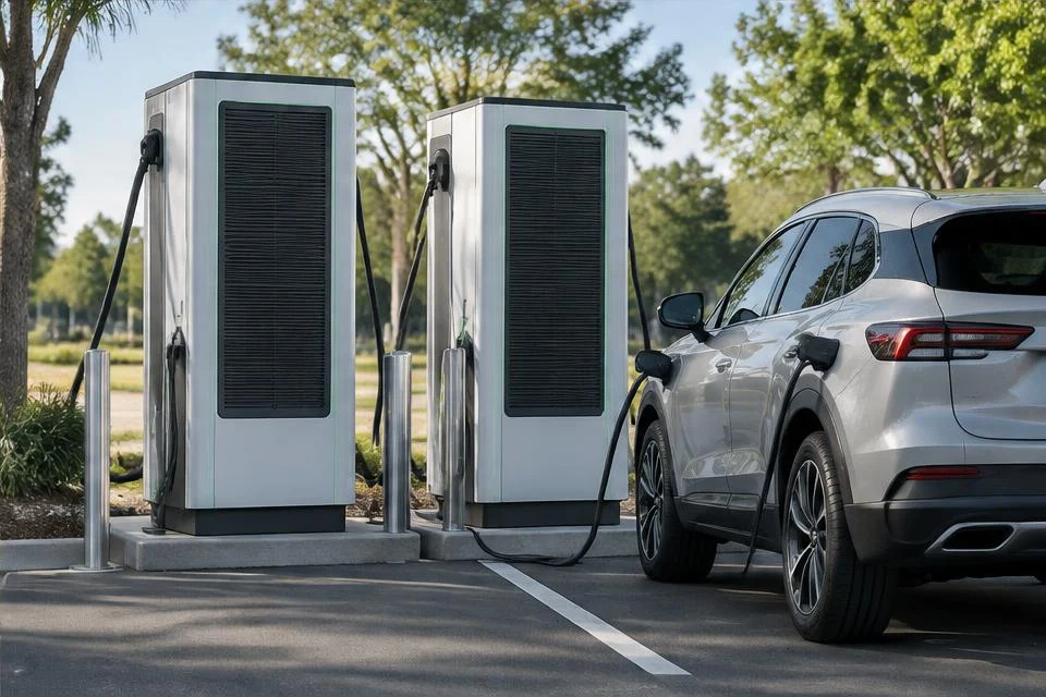 Original AI-generated illustration: Tall public DC fast charging cabinets beside an electric SUV