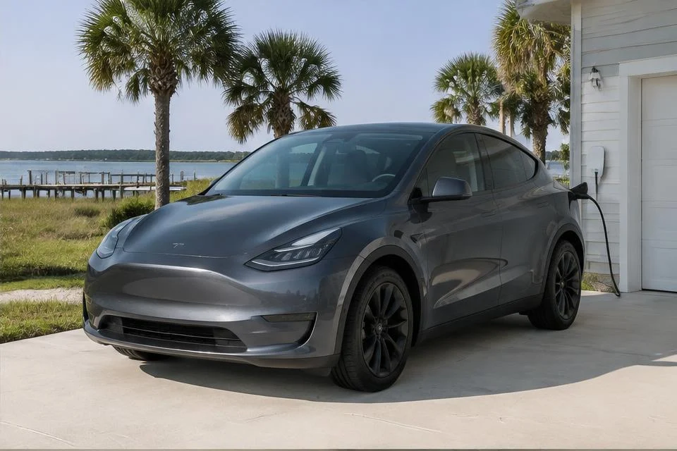 Original AI-generated illustration: Gray Tesla Model Y-inspired electric crossover parked beside a coastal home charger