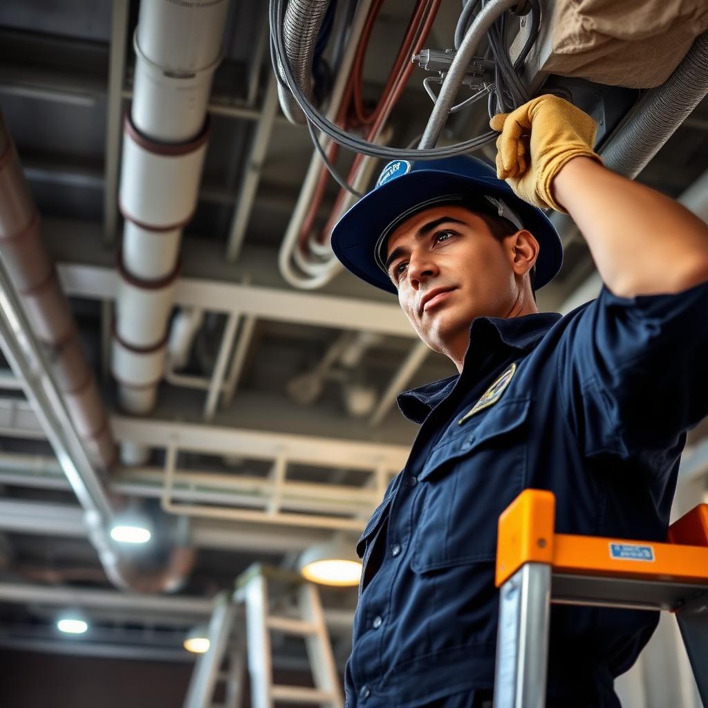 EmergenServe commercial electrician pulling THHN conductors through overhead cable tray during a downtown Charleston restaurant build out