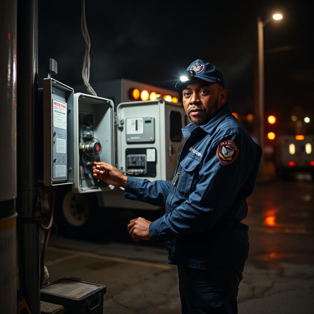EmergenServe emergency electrician troubleshooting an outdoor meter base and main panel at night during a Charleston thunderstorm power outage