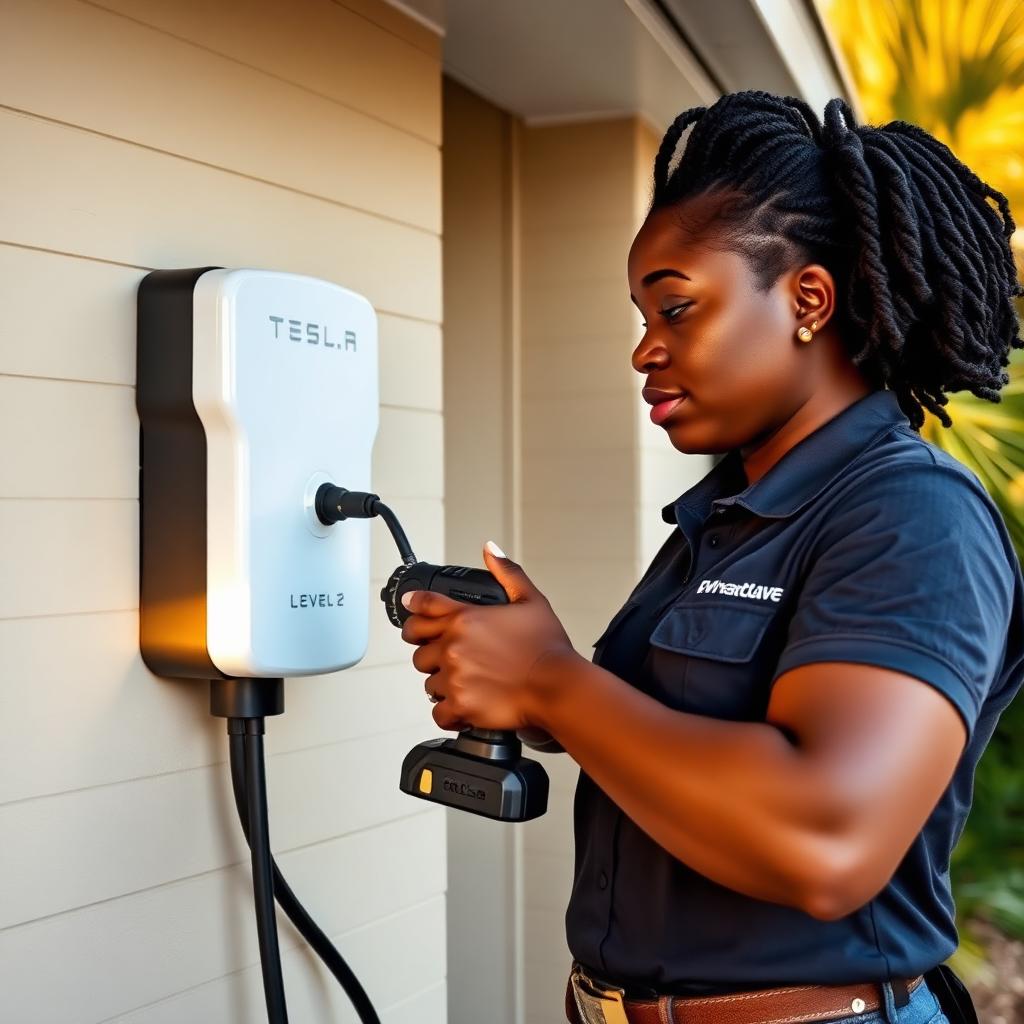 EmergenServe electrician installing a Level 2 Tesla EV charger and 60 amp circuit on a Mount Pleasant garage wall